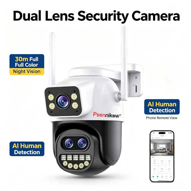 Psennikow Dual Lens Dual Screen IP Camera Wifi PTZ Camera Outdoor AI Auto Tracking CCTV HD Audio Video Surveillance P2P iCSee