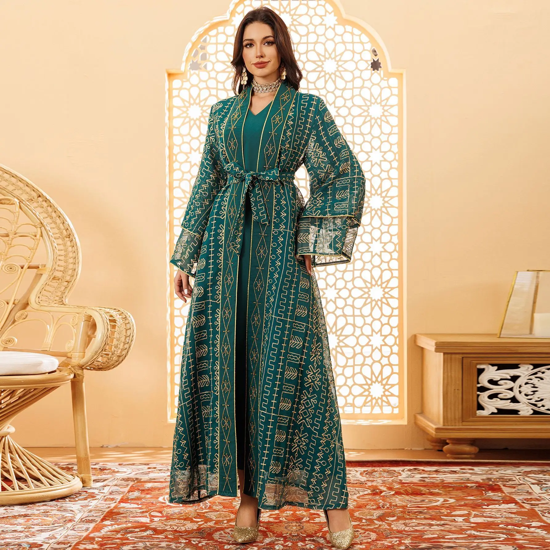 AB445 Muslim Robe Mesh Embroidery Dubai Saudi Dress Elegant Two Piece Robe Set