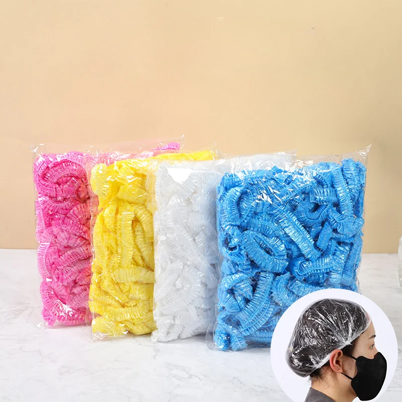 100pcs/set Disposable Plastic Shower Hair Cap Women Waterproof Pink Spa Salon Hotel Hair Dye Elastic Shower Cap Bathroom