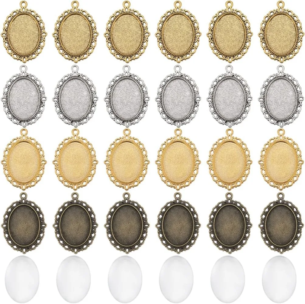 

48Pcs DIY 24Sets Cabochon Bezel Trays Pendant Bezel Blanks Vintage Style Oval Tray Settings Photo Charm Glass for Jewelry Making
