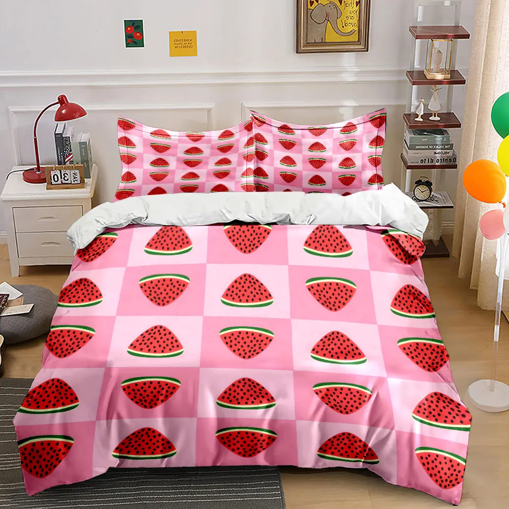 Cute Watermelon Slices on Pink Checkerboard 3PCS Bedding Set Duvet cover Pillowcase Set for Summer & Fruit Lovers Bedroom Decor