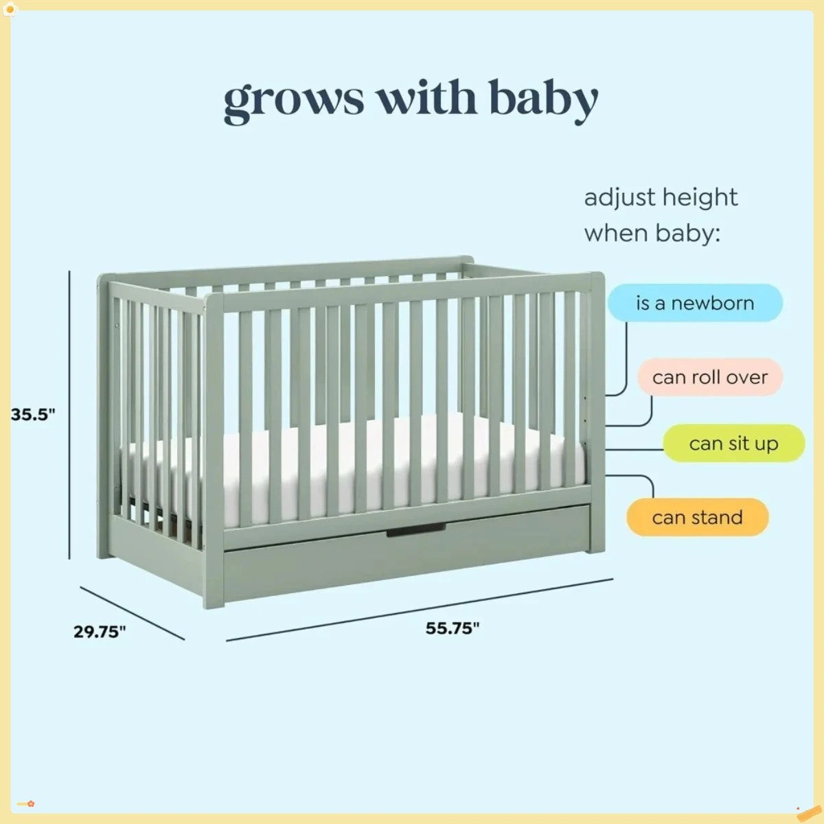 Berço conversível escandinavo 4 em 1 |   Light Sage, gaveta helicoidal, armazenamento embaixo da cama,