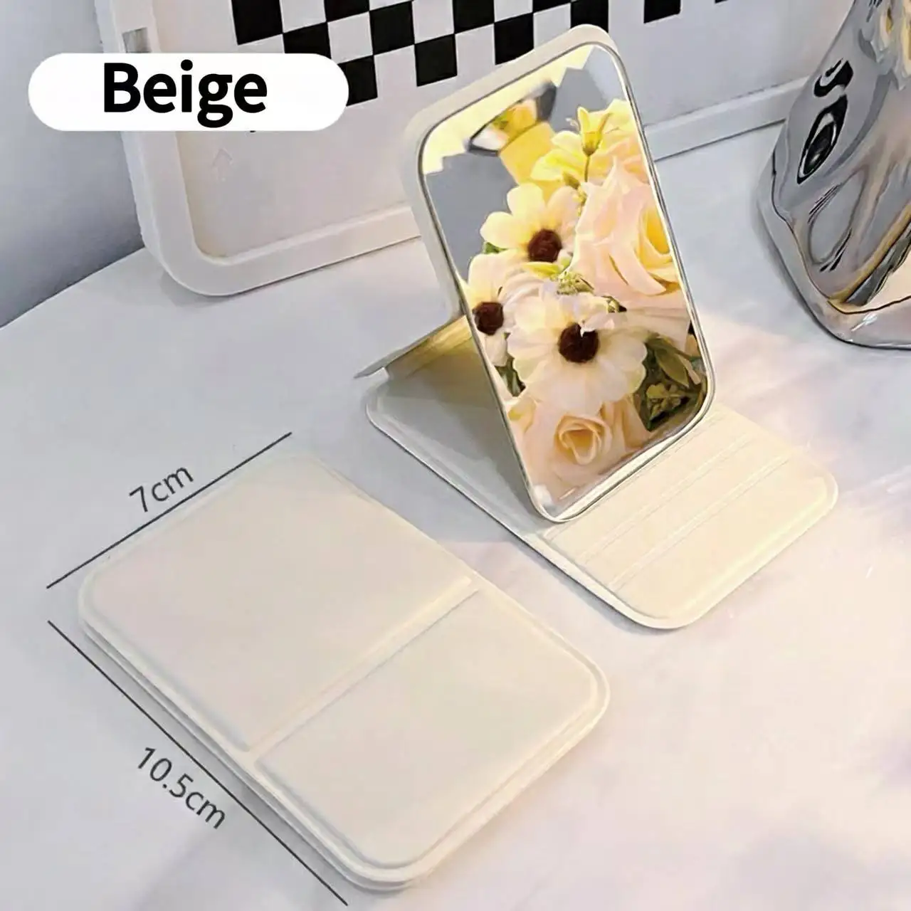 Portable Foldable Makeup Mirror, PU Leather Cover, Desktop Stand Cosmetic Mirror for Travel