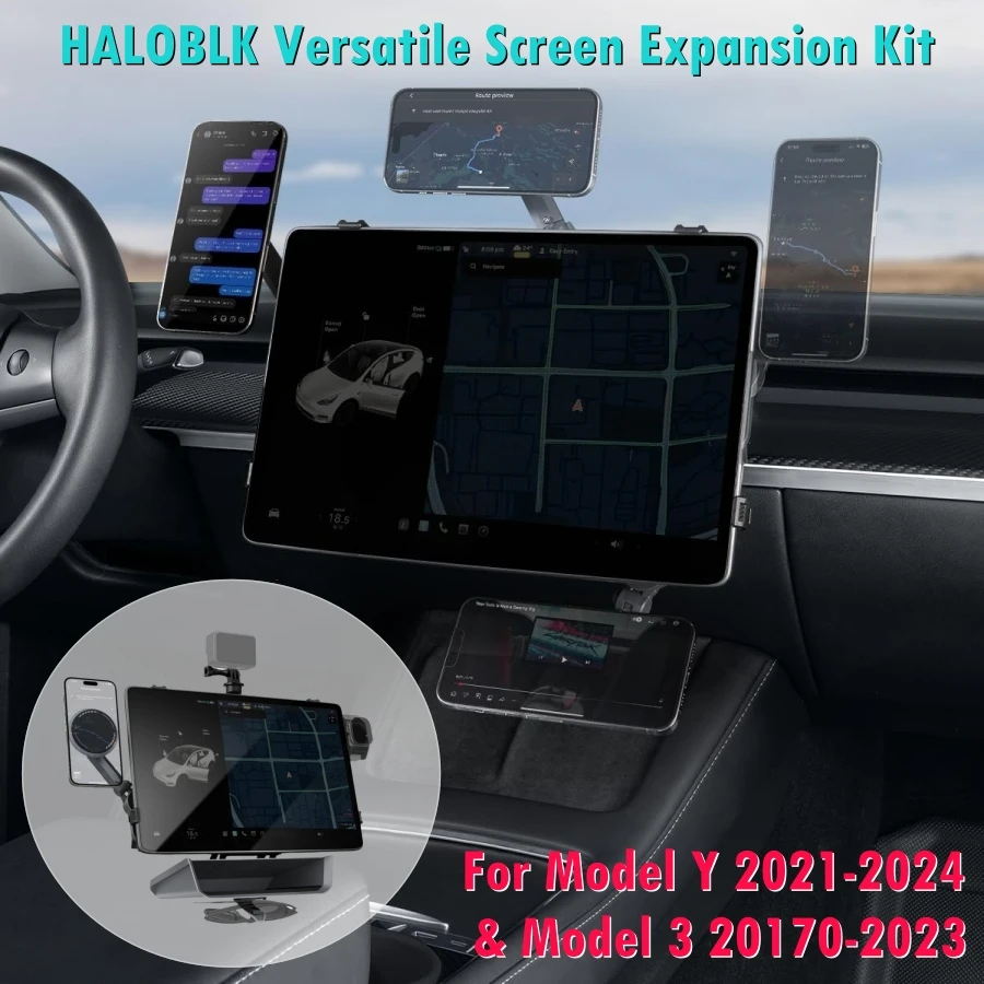 For Tesla Model Y 2021-2024 & Model 3 2017-2023 HALOBLK Phone Holder HaloStation Versatile Screen Expansion Kit Organizer