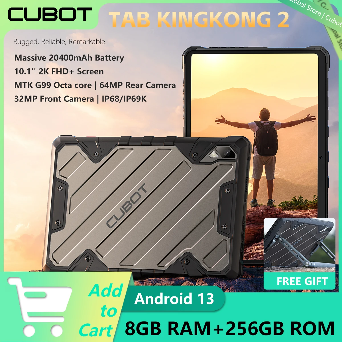 Cubot Tab KingKong 2 Rugged Tablet Android 14 MTK Helio G99 20400mAh Battery16GB RAM+256GB ROM IP68 Waterproof 10.95" Screen