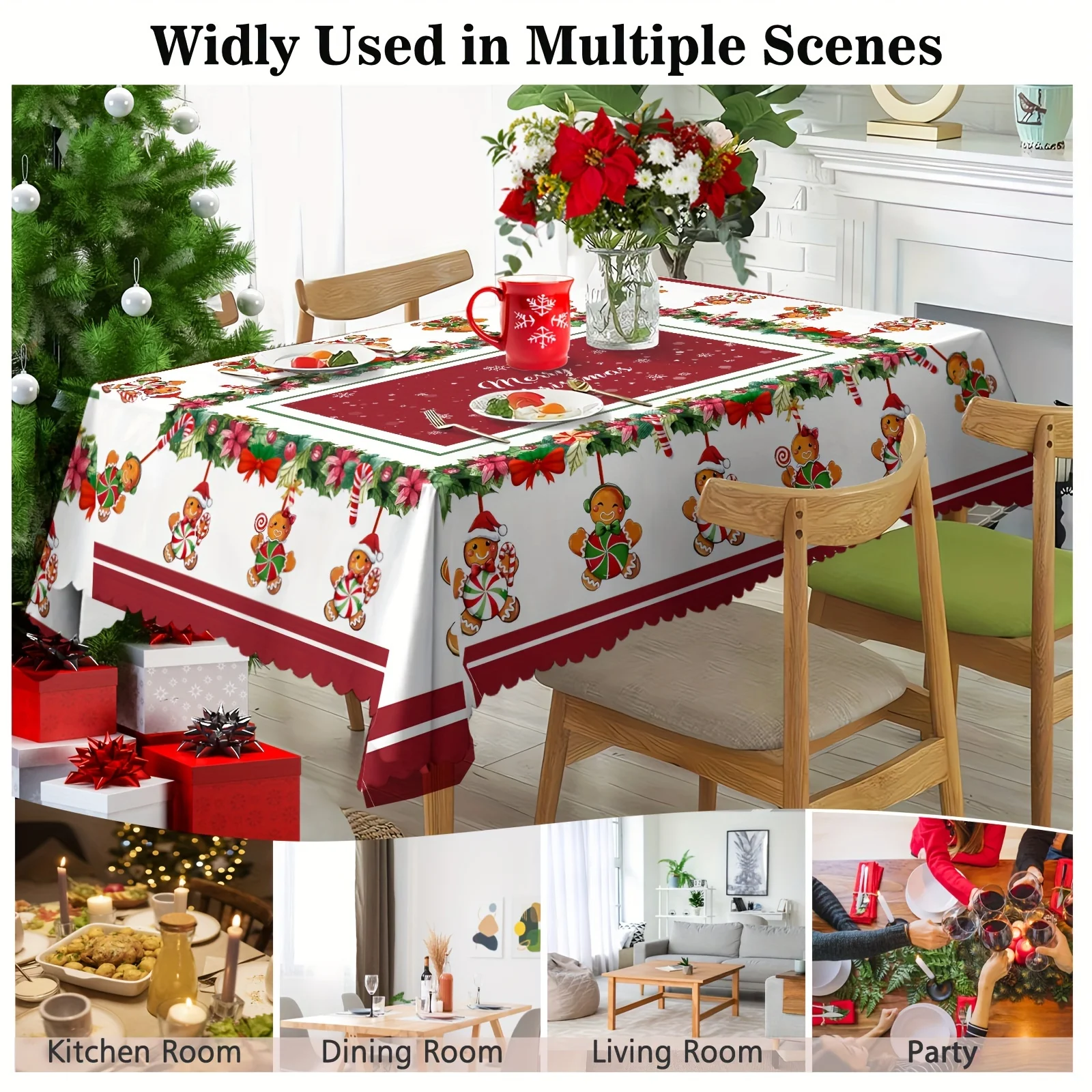 Christmas Flowers Print Candy Gingerbread Man Rectangle Tablecloth Home Dining Room Decor Waterproof Christmas Decorations