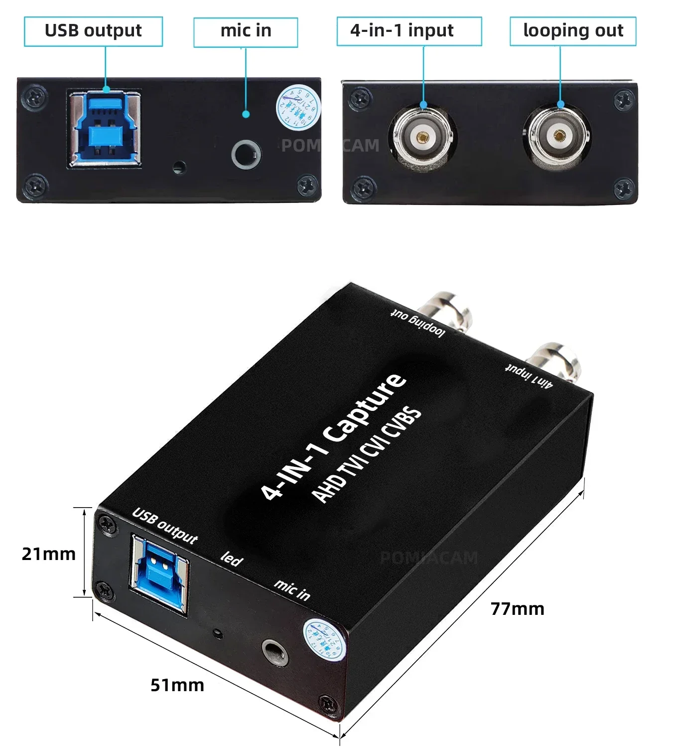 Cartão de captura de vídeo e áudio, 4 em 1, BNC para USB, AHD, TVI, CVI, CVBS