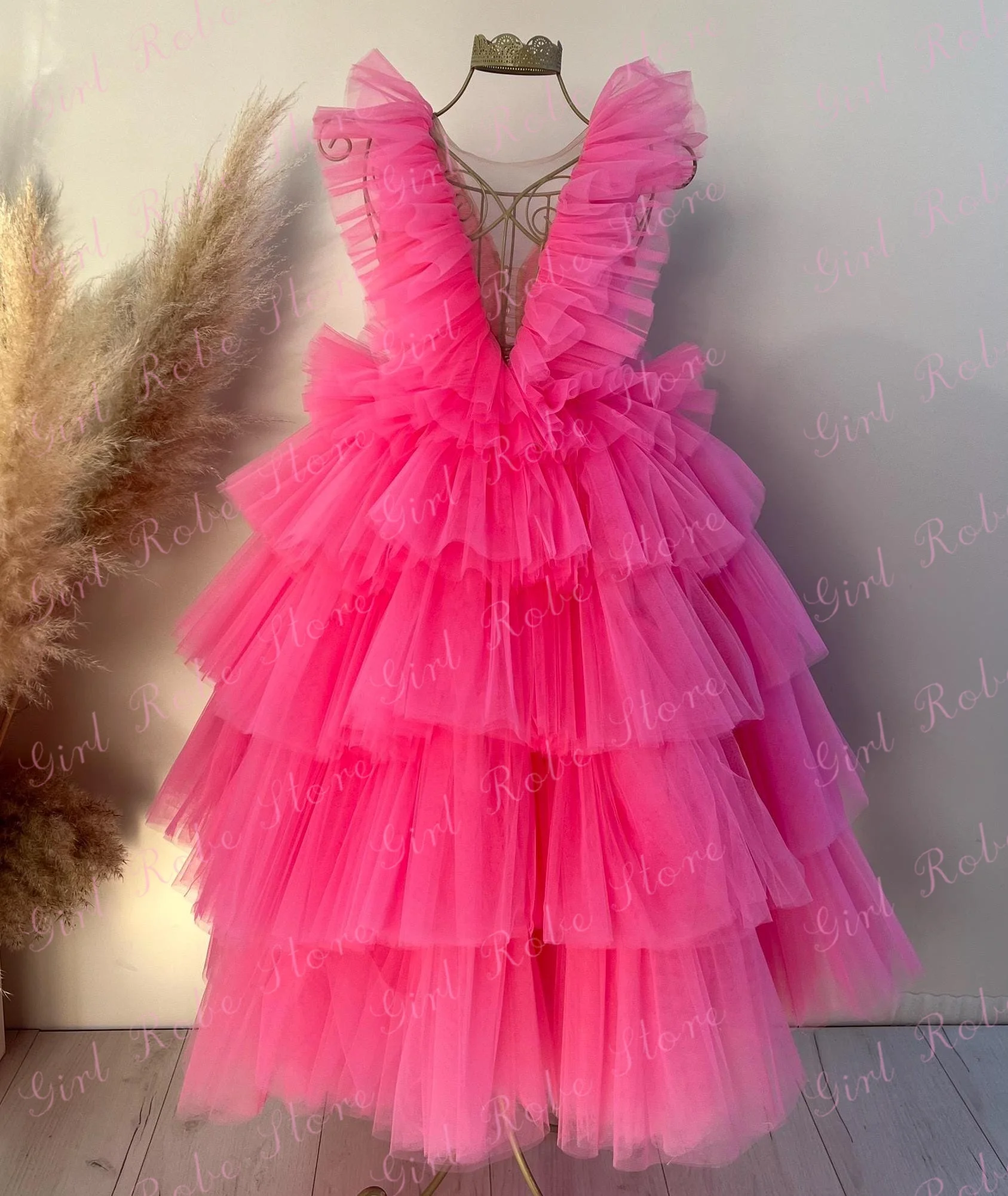 Customized Tulle Flower Girl Dress For Wedding Tiered Floor Length Backless Princess Pageant Birthday Party Formal Events Gown