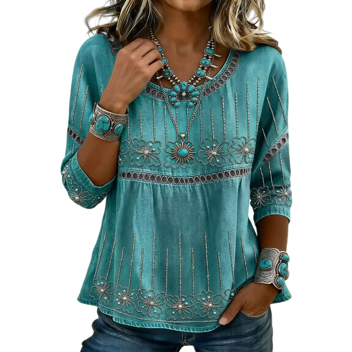 Boho Floral T-shirt Turquoise 3/4 Sleeve Crew Neck Hollow Trim Loose Casual Tunic Top for Women Daily Vacation Wear