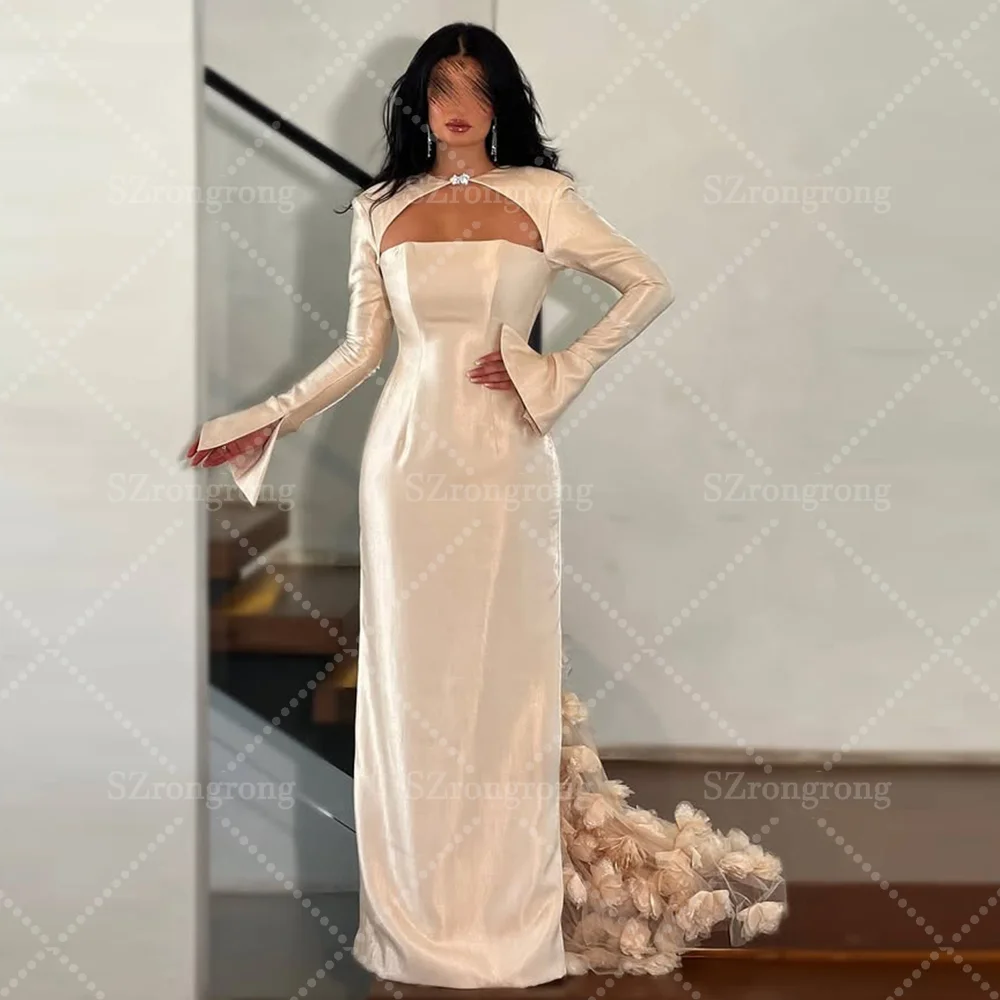 Vestido árabe saudí sin espalda con flores 3D y cuello barco de Jersey hecho a medida vestido de fiesta de noche hasta el suelo con tren