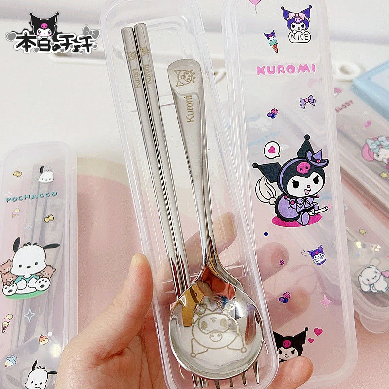 

Sanrio Tableware Suit Kuromi Cinnamoroll Kawaii Cartoon Student Have A Meal Spoon Chopsticks Stainless Steel Toys Girls Gifts