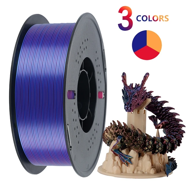 KINGROON Zijde PLA-filament 1,75 mm 1 kg, driekleurige tweekleurige 3D-printerfilament Glanzend verbruiksartikelen 2,2 lbs spoel, voor FDM 3D-printer