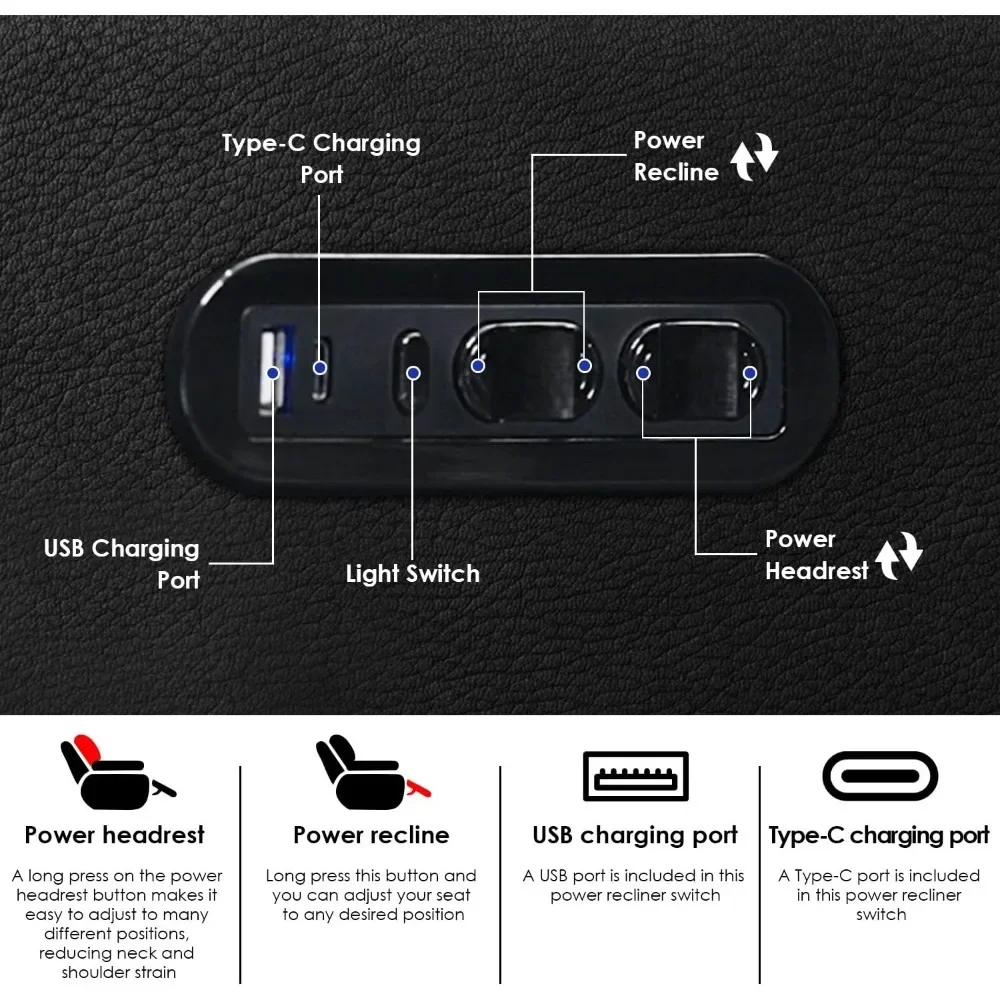 Sofá reclinable eléctrico para cine en casa, silla reclinable de cuero para juegos, mesa con bandeja giratoria, puertos USB y dos portavasos