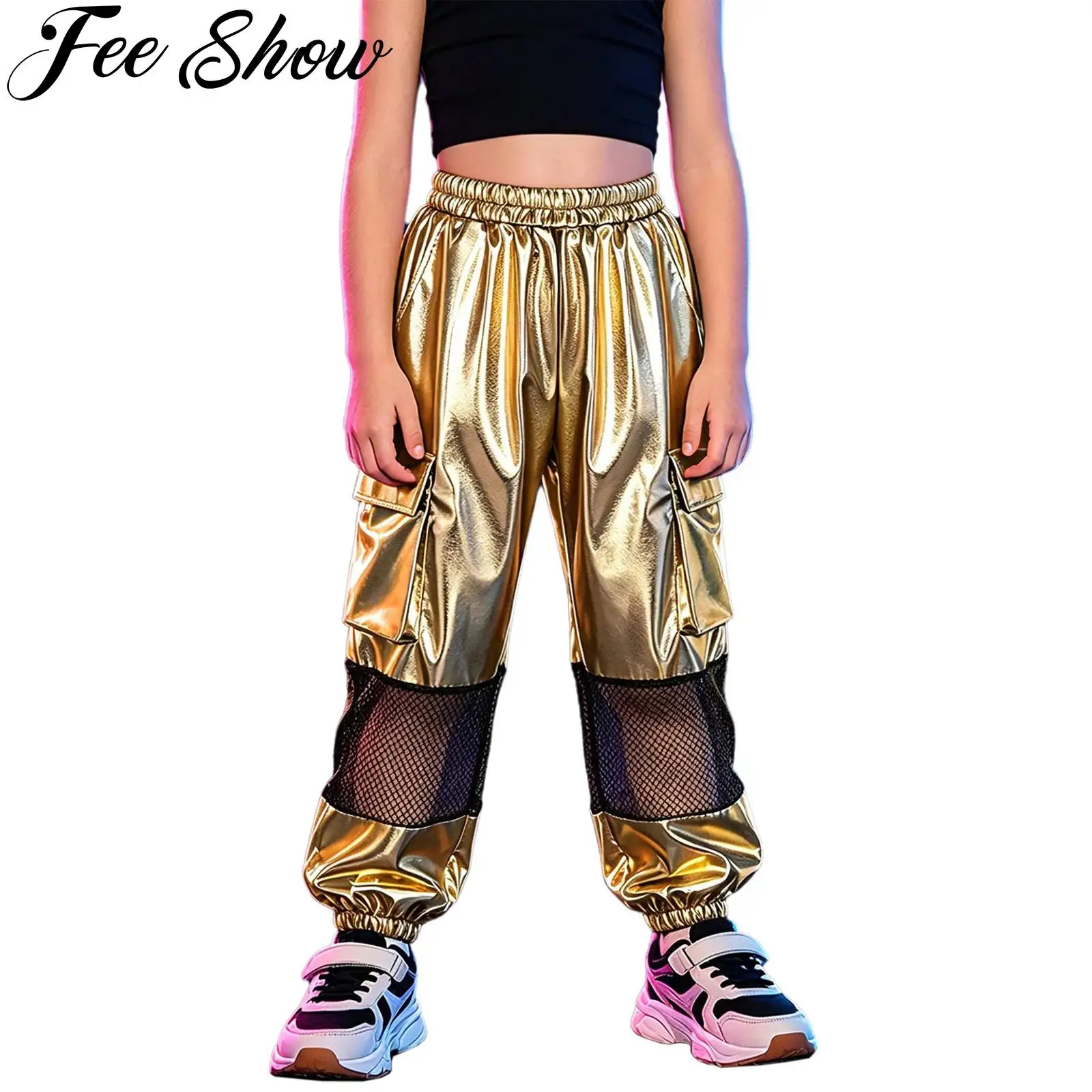 Girls Metallic Shiny Hip Hop Jazz Dance Cargo Pants Hollow Out Mesh Athletic Joggers Trousers with Pockets School Streetwear
