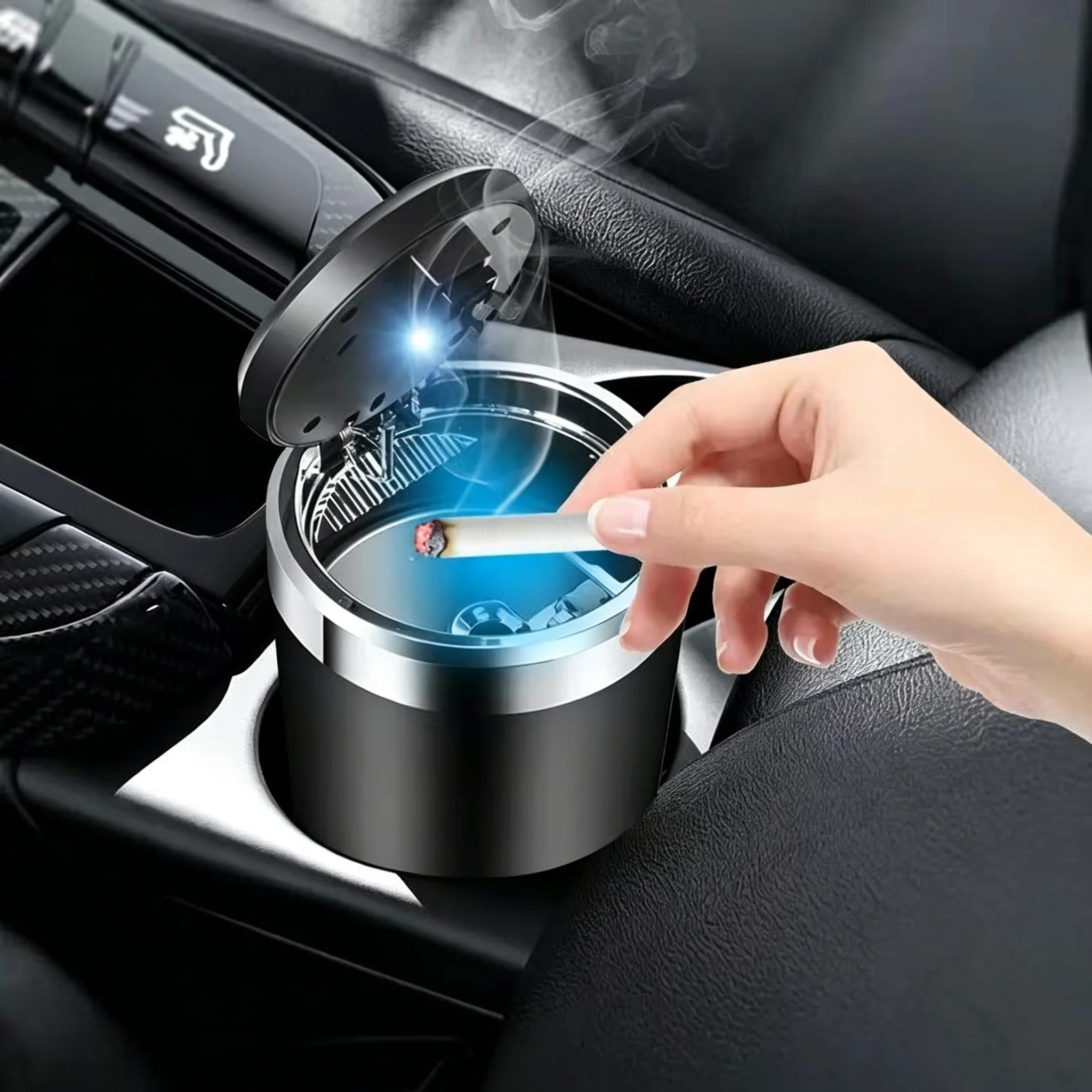 Car Ashtray One-Touch Open Lid Blue LED Light Metal Liner Heat Resistant Portable Auto Cigarette Ash Holder Cup Car Accessories