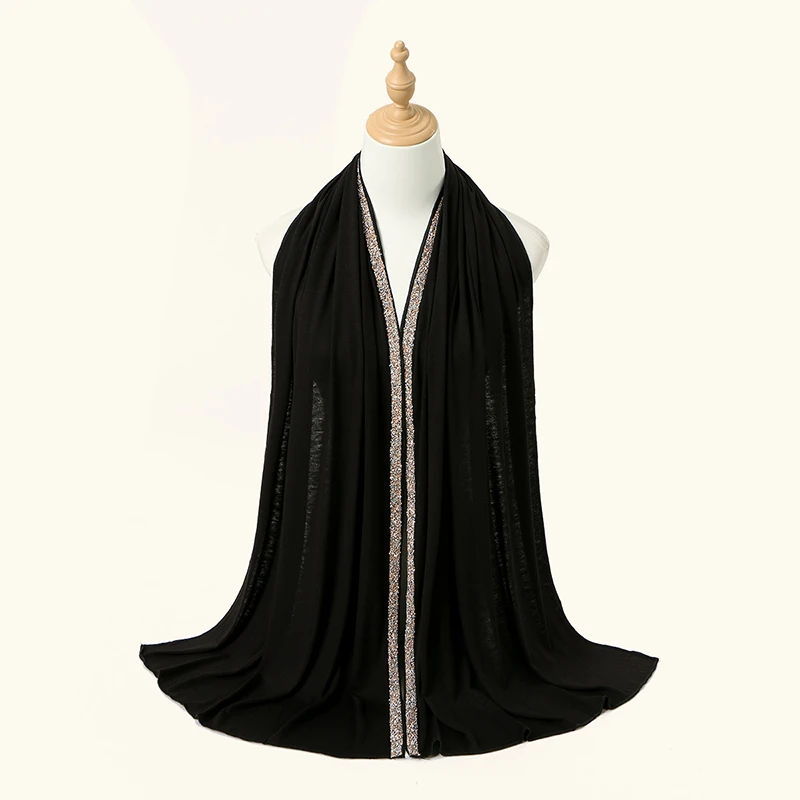 무슬림 여성용 쉬폰 히잡 스카프, 롱 솔리드 컬러 헤드랩, 여성용 헤드스카프, 핫픽스 라인스톤 저지 히잡