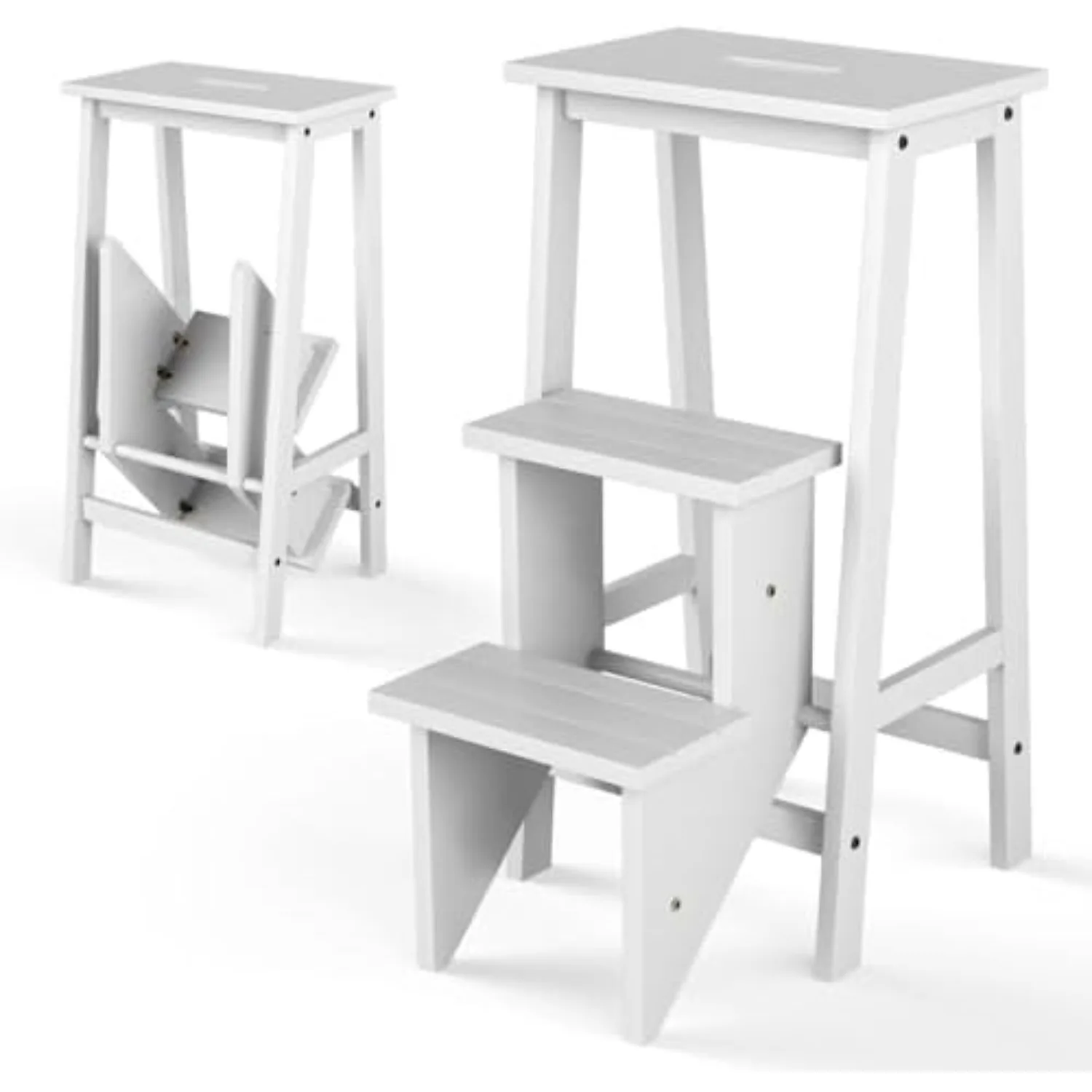 Folding 3 Step Stool, 3 in 1 Wooden Step Ladder with Handle, Non-Slip Pedal, Multifunctional Storage Shelf, Flower Rack
