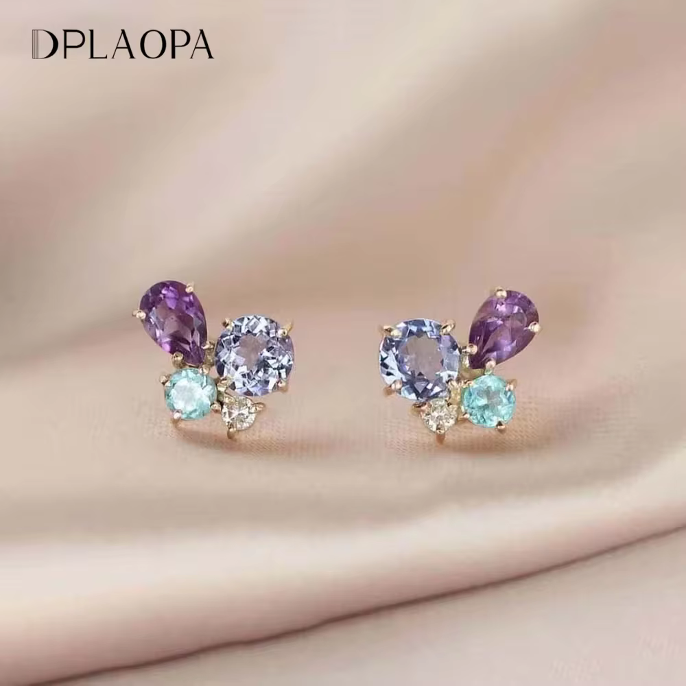 DPLAOPA 100% 925 Sterling Silver Color Rainbow Spring CZ Luxury Stud Earring Piercing Pendientes Fine Jewelrty