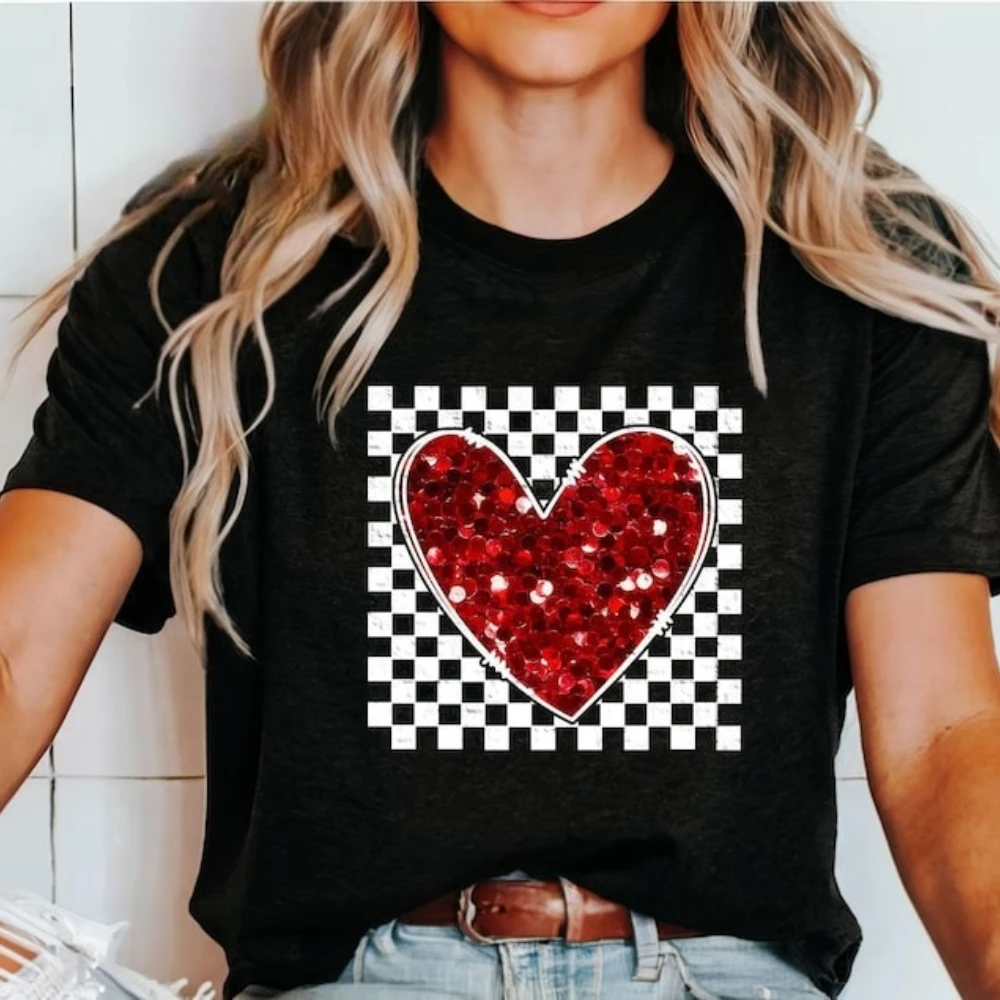 Retro Checkered Heart Shirt Cute Valentine Tee Women Valentines Day T-Shirt Love Sweatshirt Daily Life Casual Cotton Tshirt