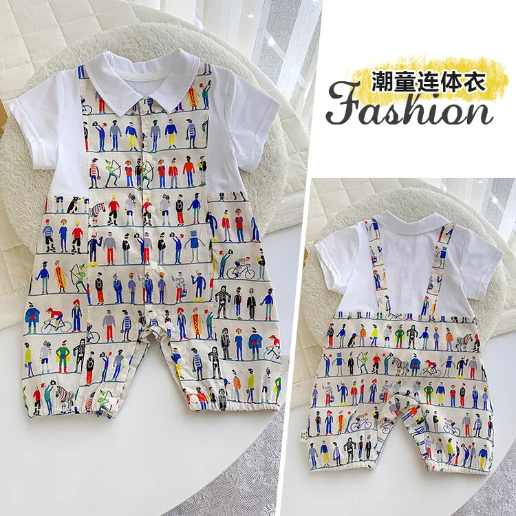 

Jenny&DaveBaby Clothes 2023 Summer Cartoon Print One Piece Romper for Boys Nordic Summer Leave Two Piece Creeper for Boys