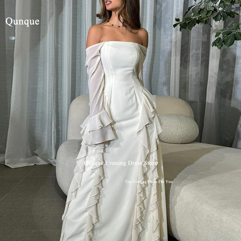 Qunque White Chiffon Prom Gowns Ruffles Customized فساتين سهرة With Puff Sleeves Evening Dresses Israel Birthday Dresses Luxury