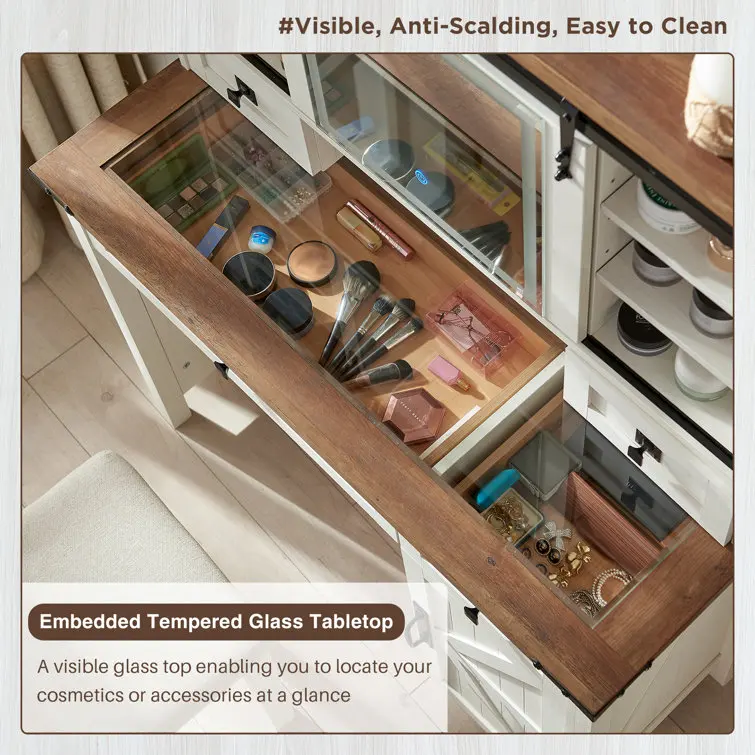 Farmhouse Style Furniture Brown Girl's Dressing Table Vanity Desk for Makeup with Mirror