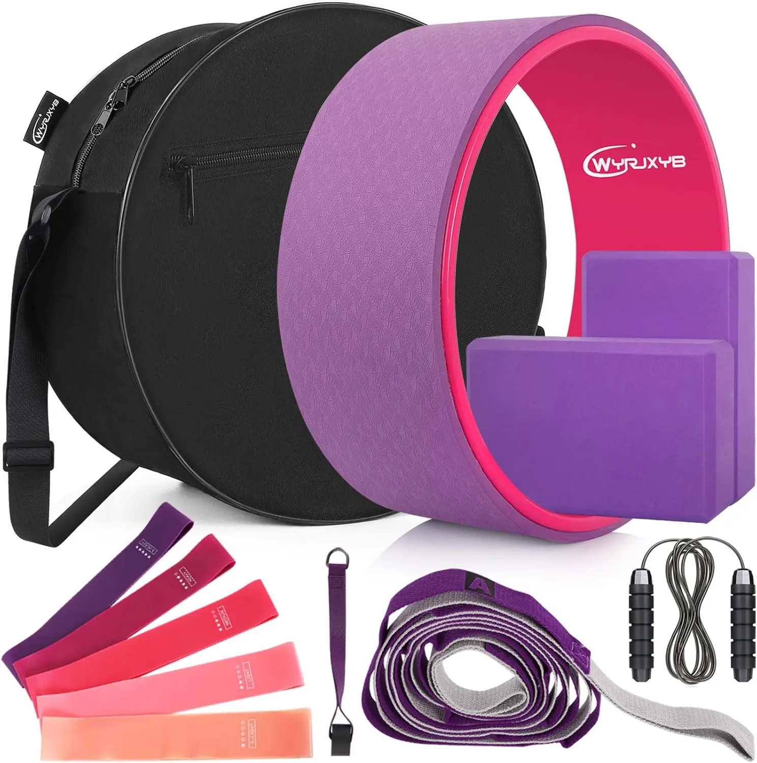 

Yoga Wheel Set with Back Roller, Blocks, Bands, Jump Rope & Bag for Beginners