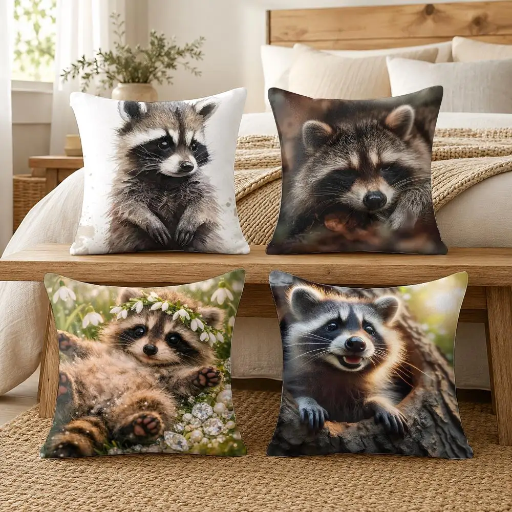 Cute Raccoon Artwork Cushion Cover Soft Short Plush Pillow Cover Smooth Cozy Texture Cushion Case Home Decor