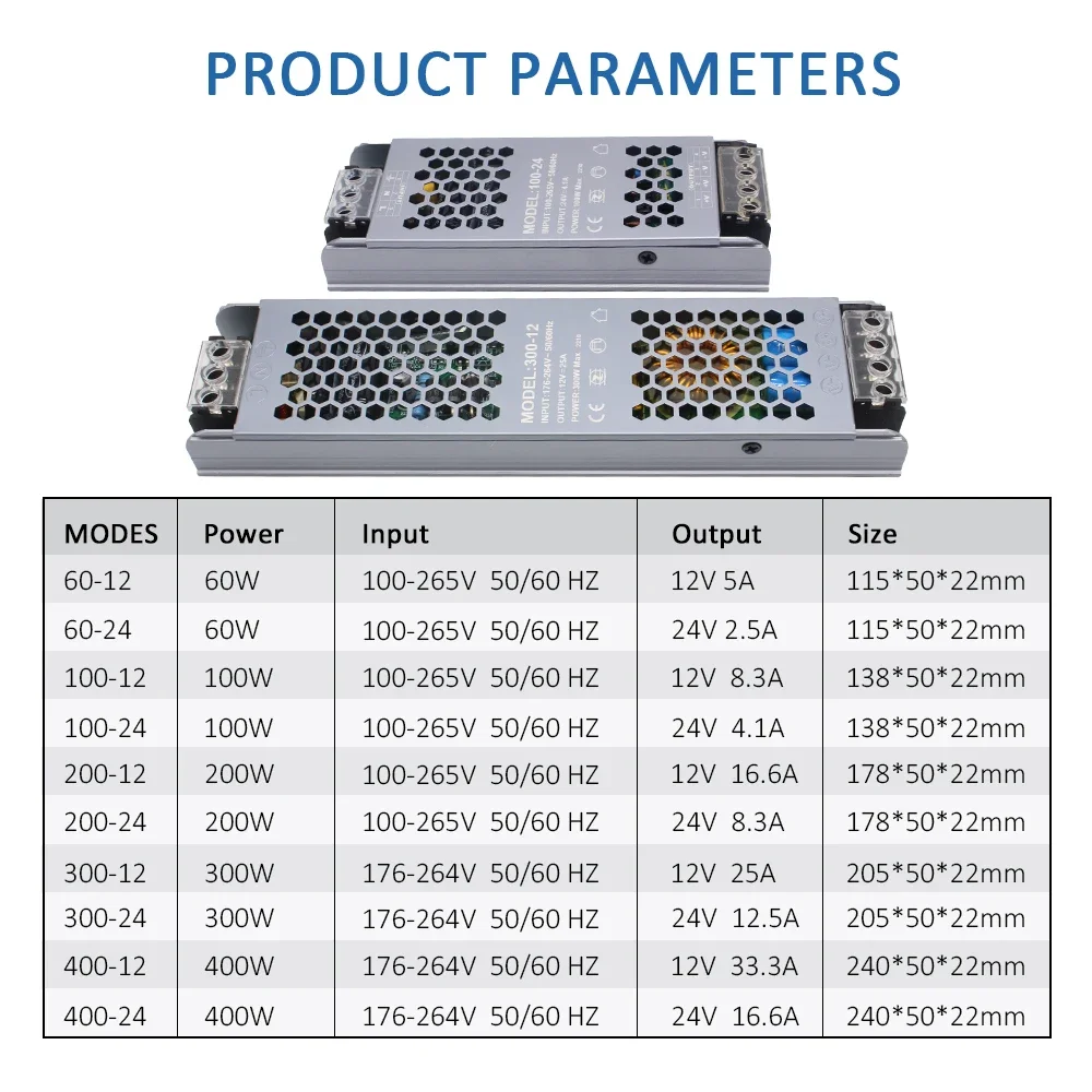 12V 24V Lighting Transformer Led Power Supply Unit 12 volt 60w 100w 200w 300w 400w Led Strip Light Switching Power Supply