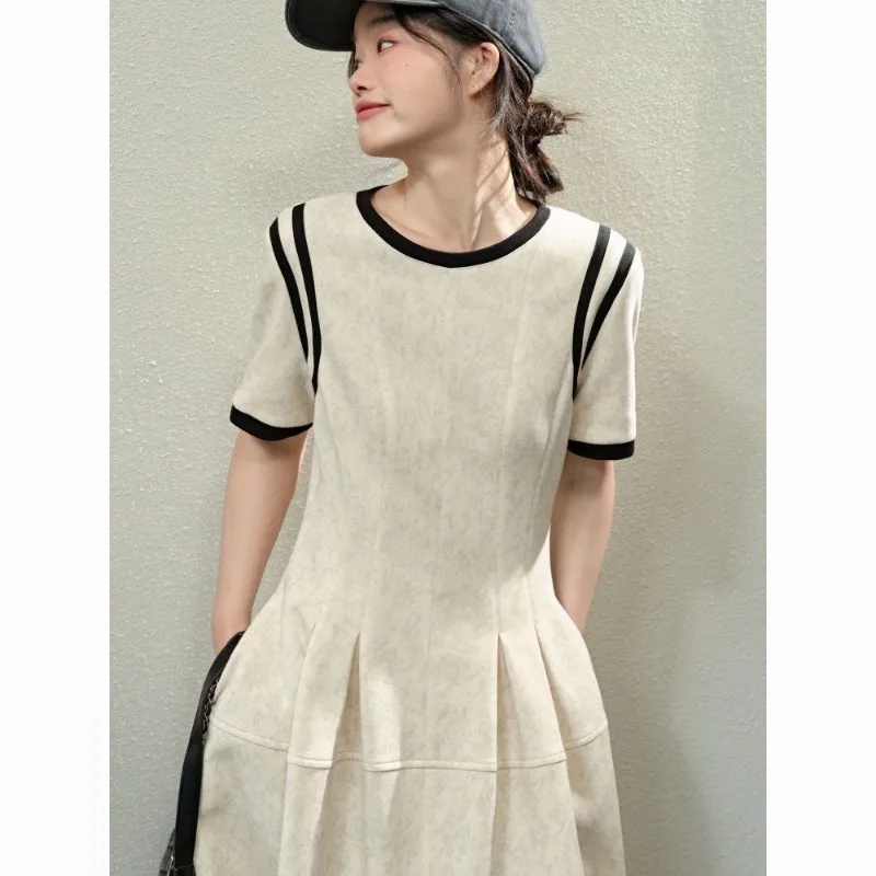 Women's Summer Short Sleeve Slim Long Dress Elegant Chic Ladies Casual Dress Retro Color Blocking Fashion Dress