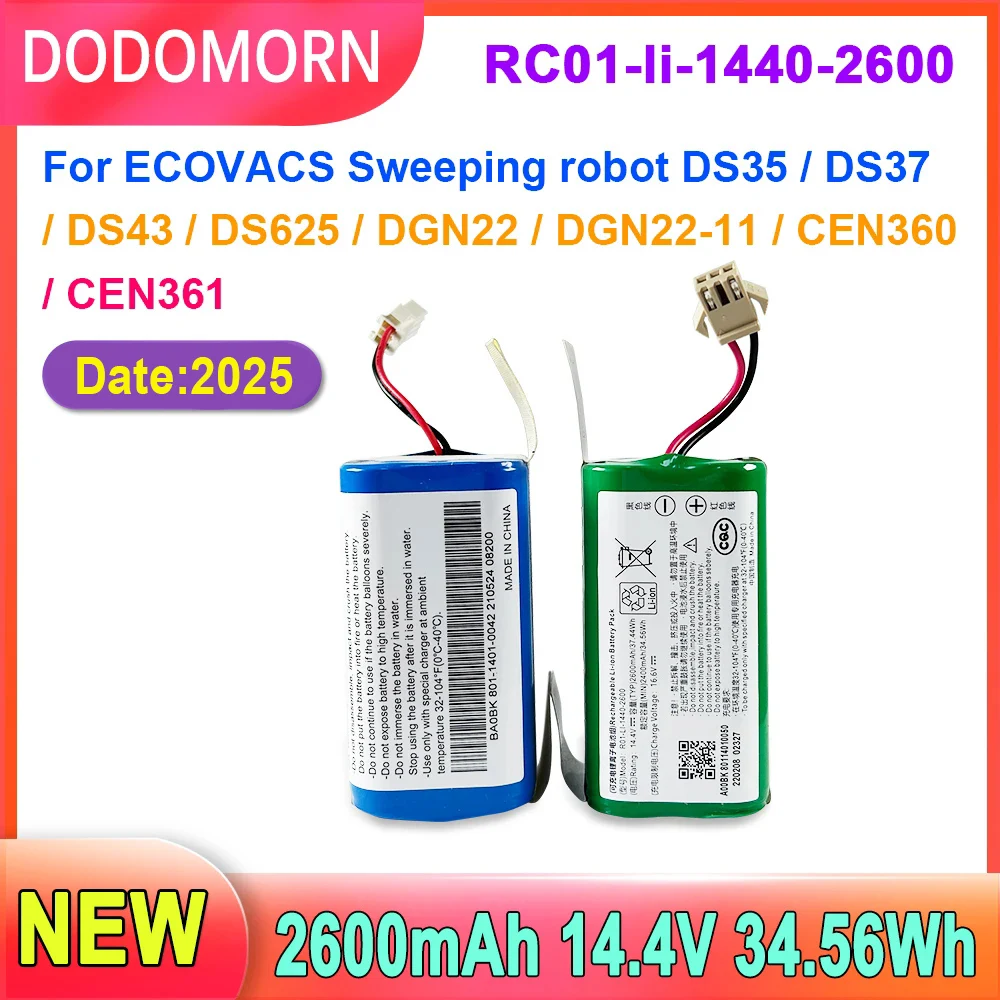 DODOMORN High Quality Battery RC01-li-1440-2600 For ECOVACS Sweeping Robot DS35,DS37,DS43,DS625,DGN22,DGN22-11,CEN360,CEN361