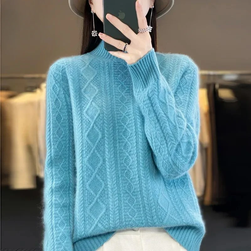 Diamond-shaped Twisted Flower Knitted Sweater Keep Warm Bottoming Shirt Women's Semi-turtleneck Autumn Winter Thickened Pullover