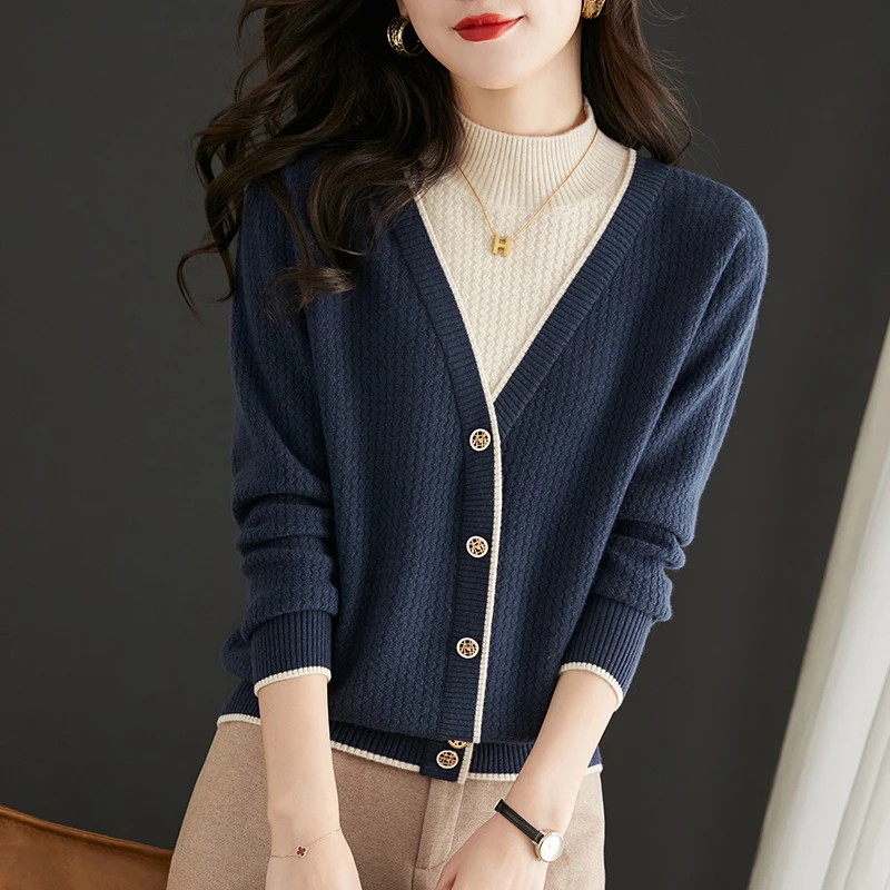 

Outlet Store Women's Knitted Sweater f High Collar Fake Two-Piece Autumn Winter Faion Commute Sle Bright Tead
