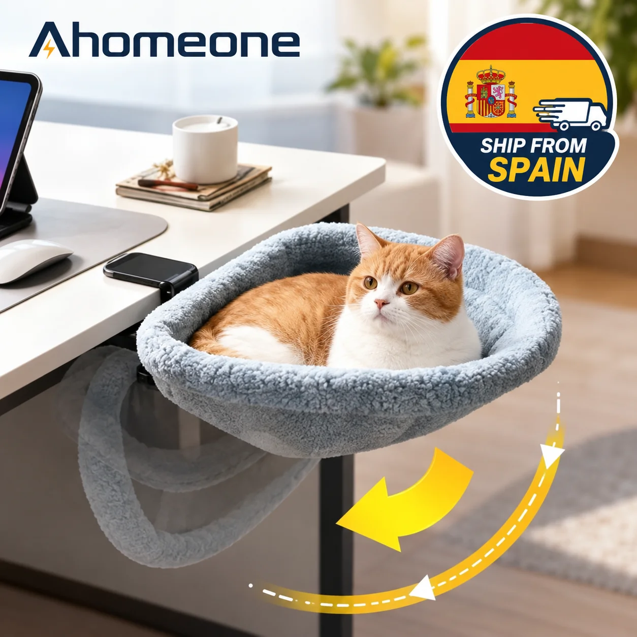 Katzen-Schreibtischbett, faltbare Katzenhängematte, Schreibtisch-Liege, Katzenbett zum Anklippen, mit einem Klick zusammenklappbar, platzsparend, halbkreisförmige Hängematte, stabile Klemme,