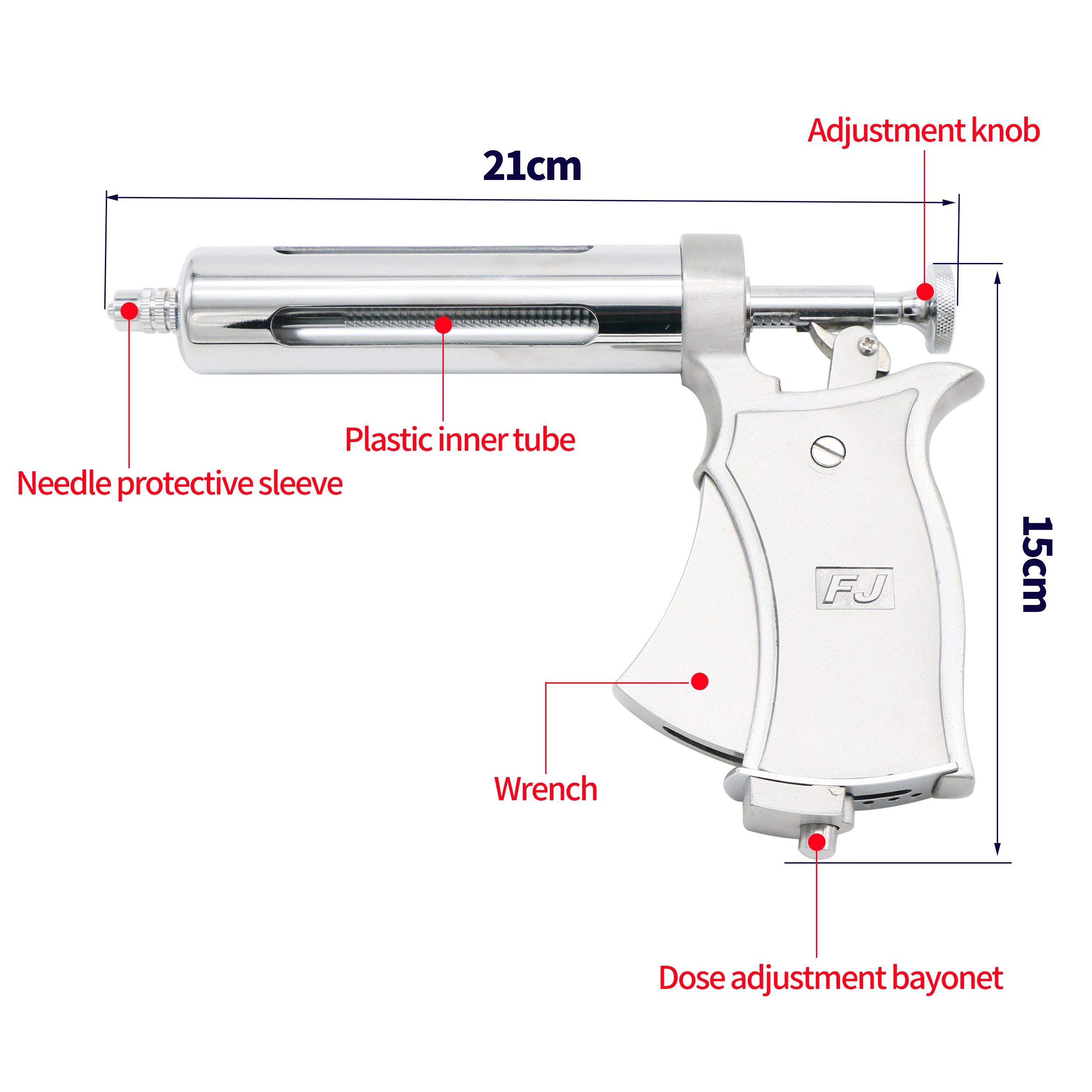 Verstellbare Spritzenpistole, 50 ml, automatische kontinuierliche Impfspritzenpistole aus Edelstahl für Kuh, Schwein, Schafe, Nutztiere – Detail 6