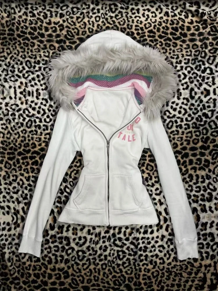 الخريف أزياء خمر طويلة الأكمام هوديي المرأة تصميم شارع العليا الأبيض سليم سستة المرقعة معطف الساخن فتاة Y2k سترة أنيقة