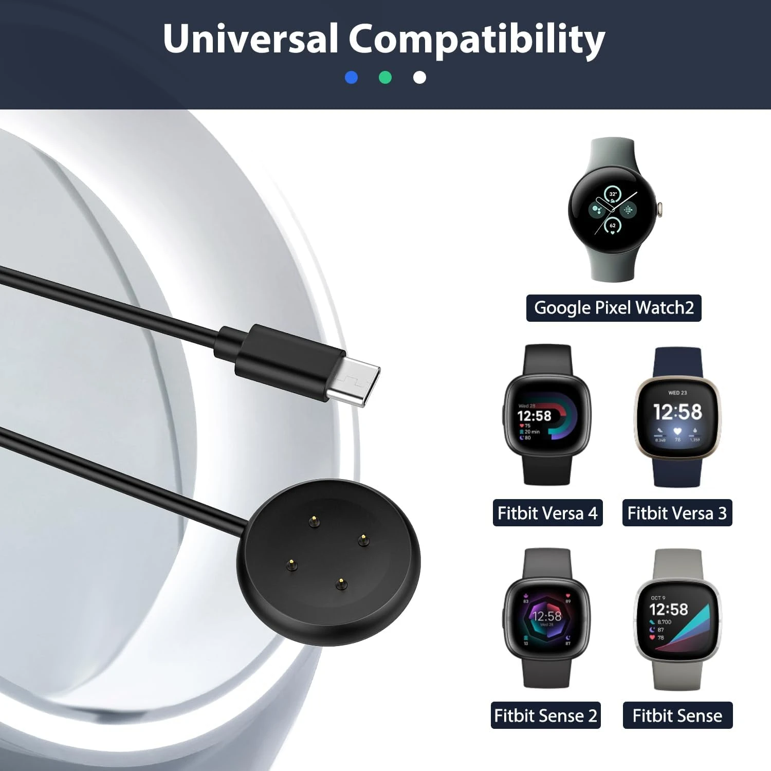 Charger Compatible with  Pixel Watch 2 &  Versa 4/Versa /Sense 2/Sense/ LTE, Type-C Fast Charging USB  .3Ft Cable Cord Accessori