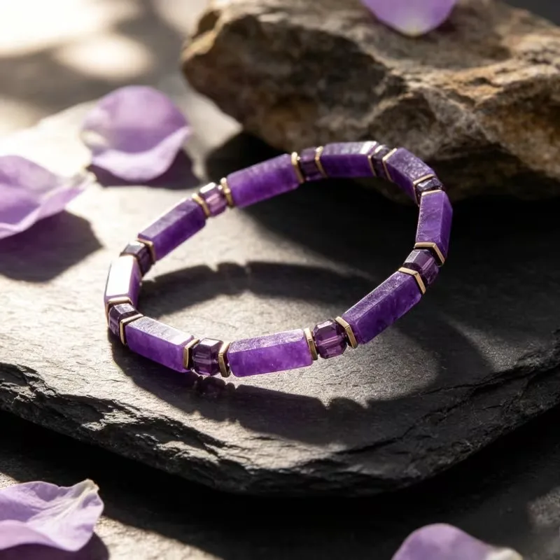 Royal Purple Long Bar Natural Stone Beaded Prosperity Bracelet for Women Faceted Accent Spacers Versatile Stackable Jewelry Gift