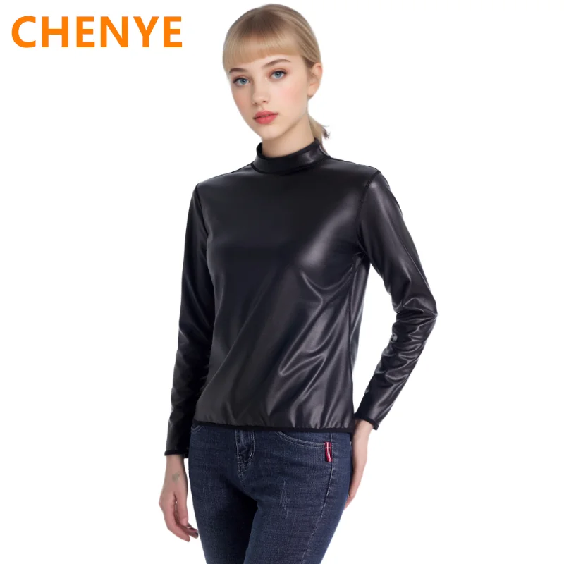 

Женская кожаная рубашка с воротником-стойкой и длинными рукавами, мотоциклетные байкерские топы, тонкая футболка с тренажером для талии, модные корректирующие топы