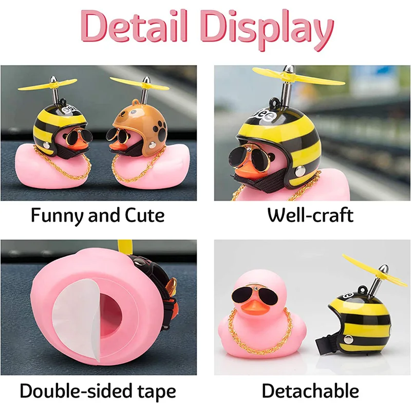 Car Ladybug Pattern Helmet Pink Duck with Sunglasses, Rubber Bike Duck for Car Ccessories, Dashboard Toy Small Decoration