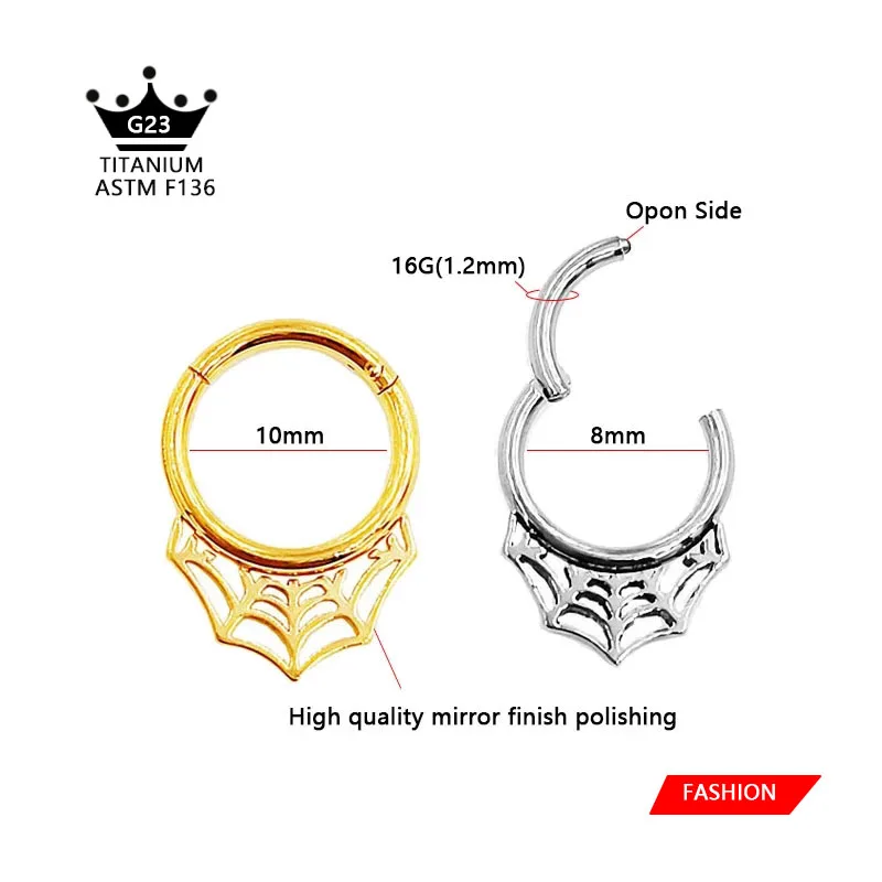 ASTM F136 G23 Titanium/Steel 16G Crown Segment Clicker Spider Web Spetum Nose Rings Hoop Piercing Earrings for Women Men Gift