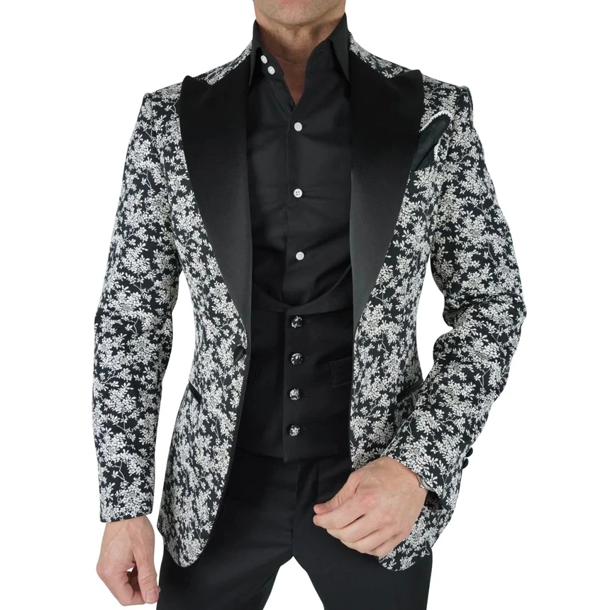 

3-Piece Classic Style Men's Formal Suits Floral Peaked Lapel Jacket Vest Pants Groom Tuxedos Slim Fit Business Men Suits