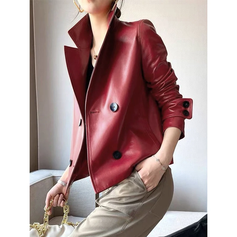 Modigirl Autumn Winter Red Faux Leather Jackets Women 2024 New Outwear Long Sleeves PU Leather Short Coats Outwear for Female