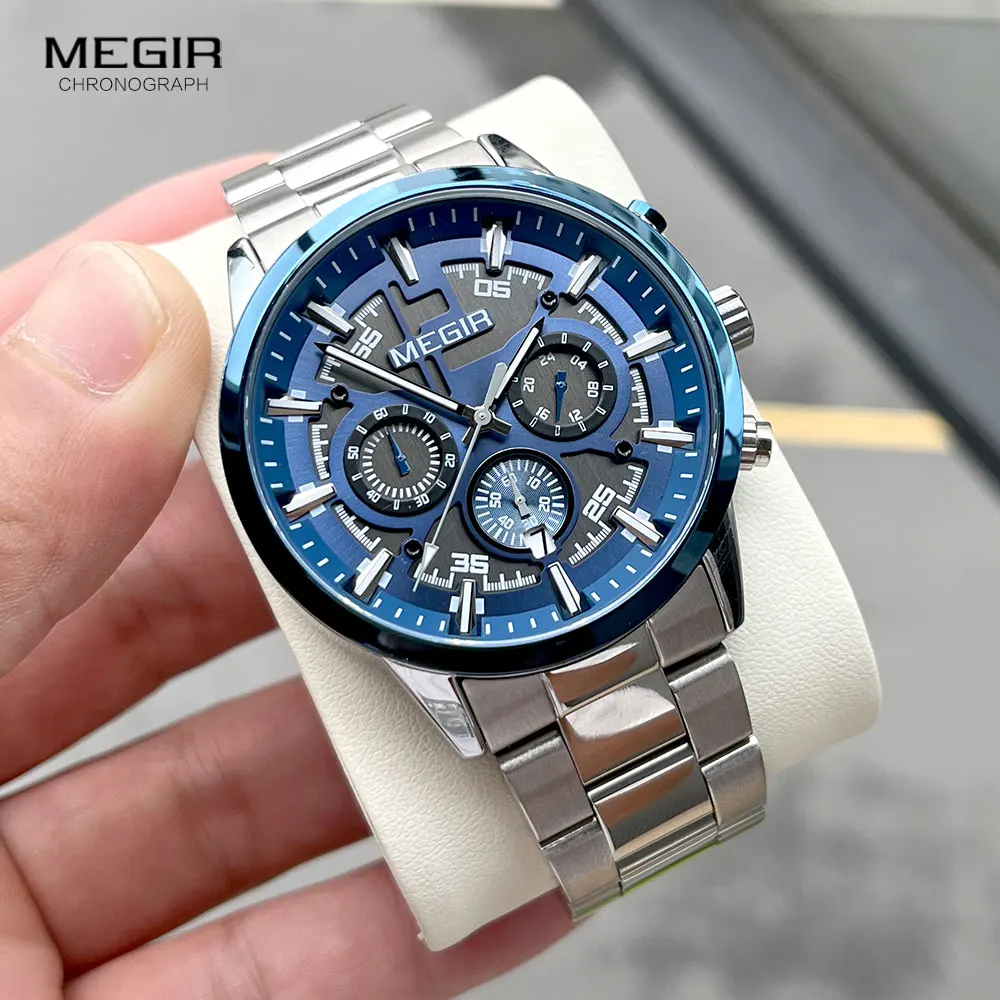 MEGIR Silver Blue Stainless Steel Quartz Watch for Men Fashion Chronograph  Analog Dress Wristwatch with Date Luminous Hands