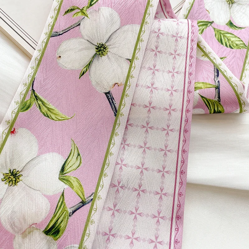 Korean Silk Satin Long Scarf For Women Clean Double Flowers Printed Retro Ladies Scarves Neck Scarf Bags Ribbons Hairdbands 2024