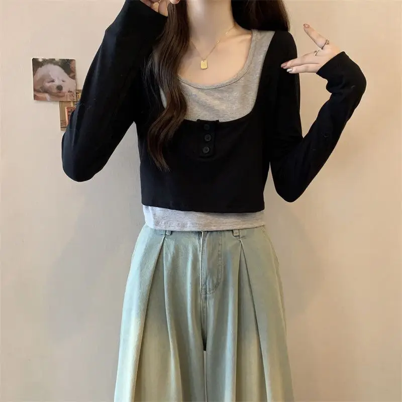 Fake Two Pieces Patchwork Pullovers Spring Autumn New Slim Fashion Button Female Clothing Contrasting Colors Long Sleeve T-shirt