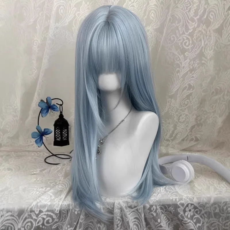 Pastel Light Blue Long Straight Wig with Thick Bangs Synthetic Hair Wig for Women Layered Cosplay Wig Anime Lolita Daily Wear