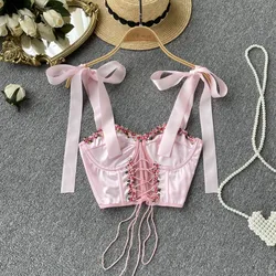 2023 Drawstring Backless Sexy Camisole Women Strap Slim Beach Top Sleeveless Lace-Up Korean Strap Sensual Floral Tank Tops