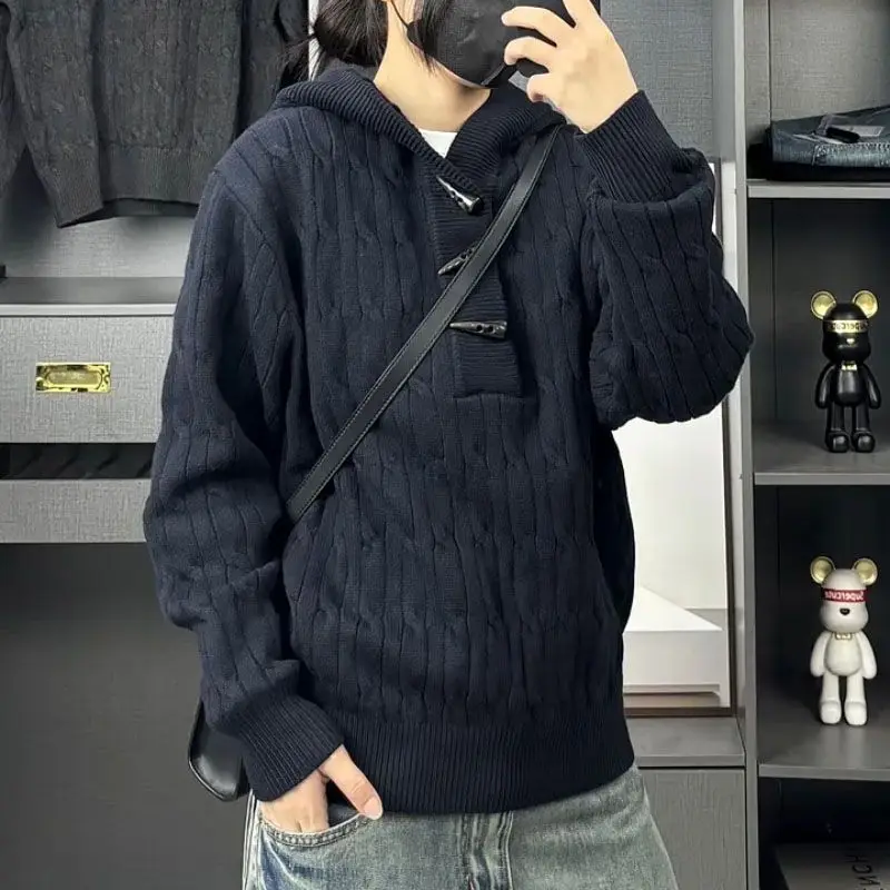 

Retro Twist Knitted Sweater Men's Hooded Slim Fit Button up Crew Ne Sweater Sli Brand Youth Polyester Fiber Spring Autumn