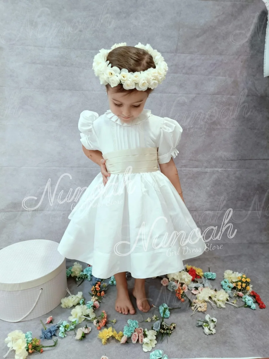 Ivory Silk Kid First Communion Dress Spain Handmade Ruffle Neck Puff Sleeve Lace Decor Flower Girl Dress Wedding Baptism Formal